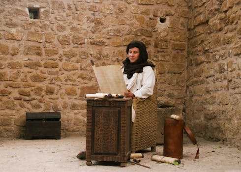 A traditional Moroccan scribe in an ancient stone room, writing on parchment.