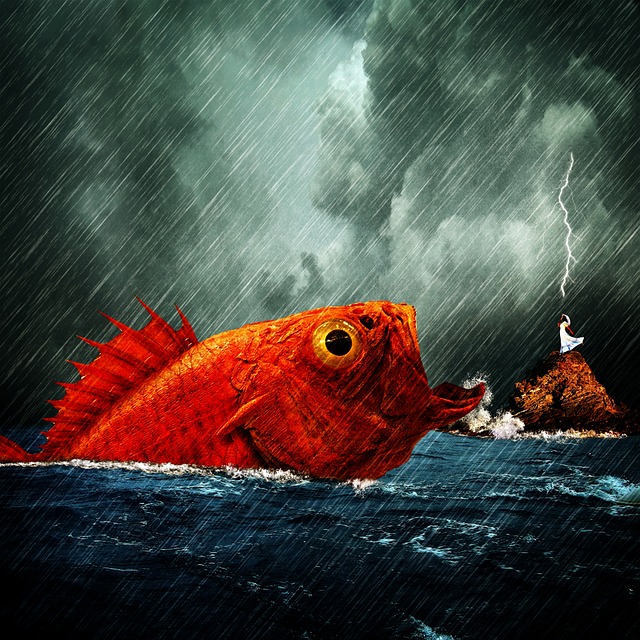 woman, fish, big fish, sea, ocean, rain, storm lost at sea, nature, lightning